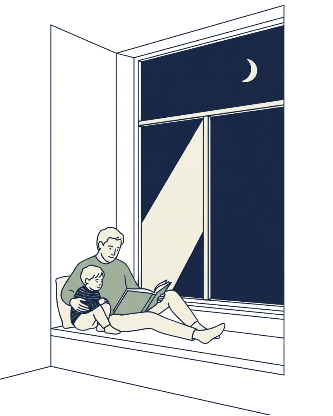 A parent and child reading together by a window at bedtime